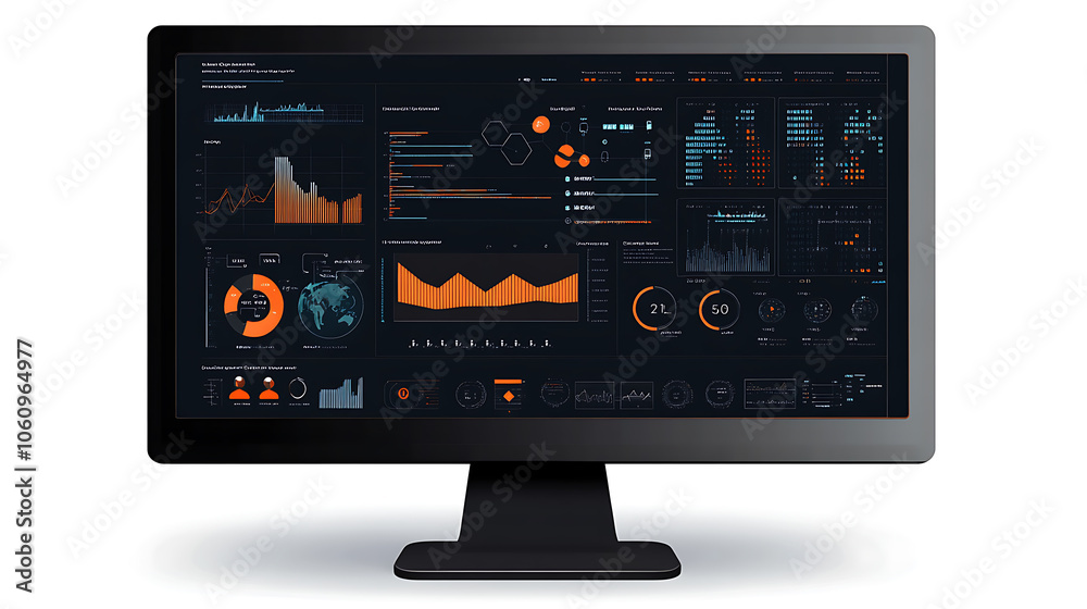 Aufkleber Computer monitor displaying an abstract network monitoring dashboard with real, time data analytics, graphs, and system health indicators