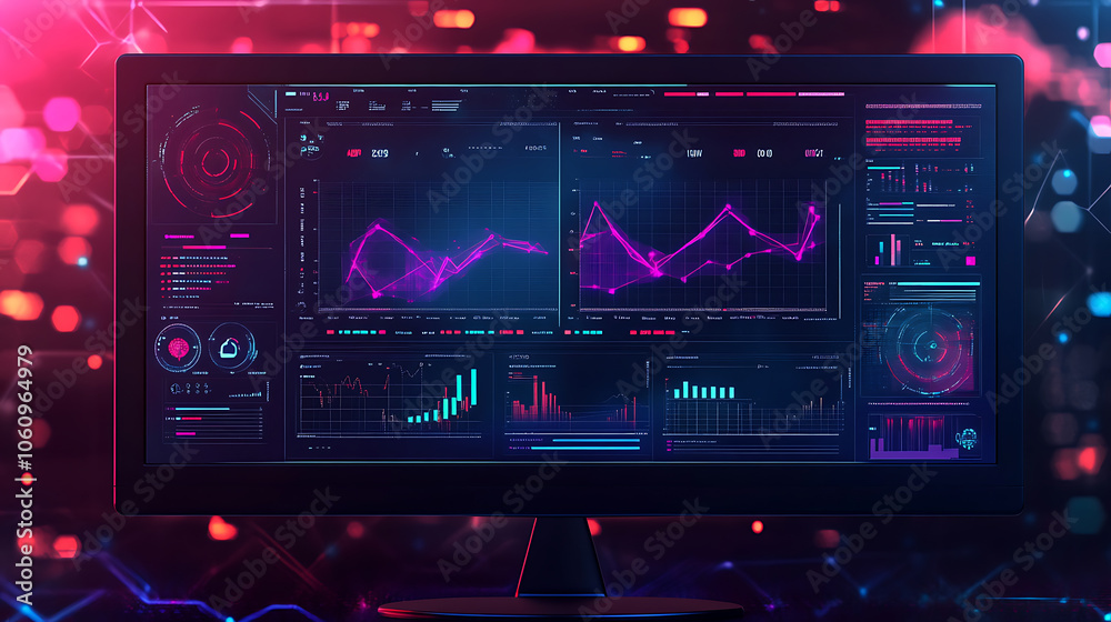 Aufkleber Computer monitor displaying an abstract network monitoring dashboard with real, time data analytics, graphs, and system health indicators