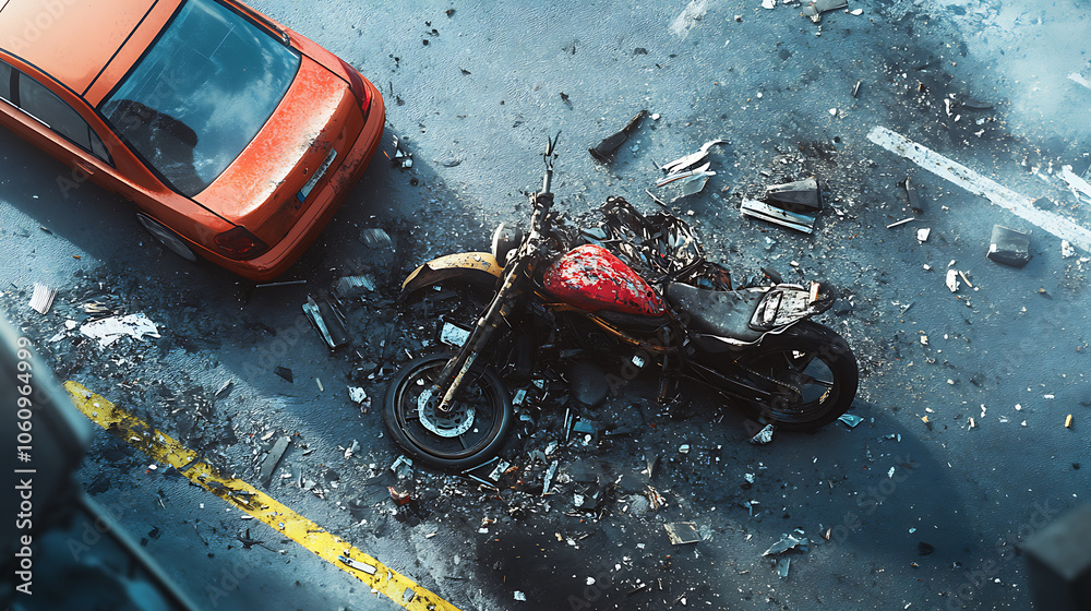 Poster a devastating traffic collision scene showing a damaged motorcycle after a severe accident with a ca