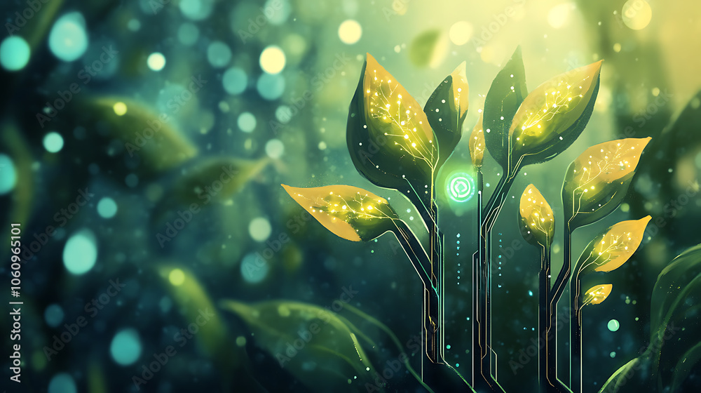 Aufkleber conceptual illustration of tech plant growth representing the fusion of nature and technology in pro