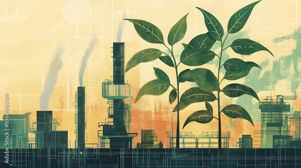Aufkleber conceptual illustration of tech plant growth representing the fusion of nature and technology in pro