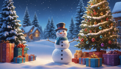 Obraz premium Cheerful Snowman with Gifts and Christmas Tree in Winter Wonderland