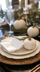 Beautiful Thanksgiving place settings with pumpkin place cards and gold lettering