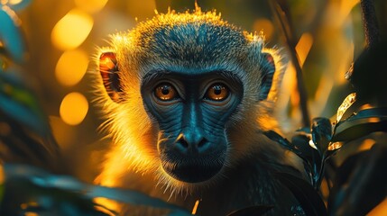 Fototapeta premium A curious monkey with golden eyes gazes directly at the camera, framed by lush green foliage and warm sunlight.