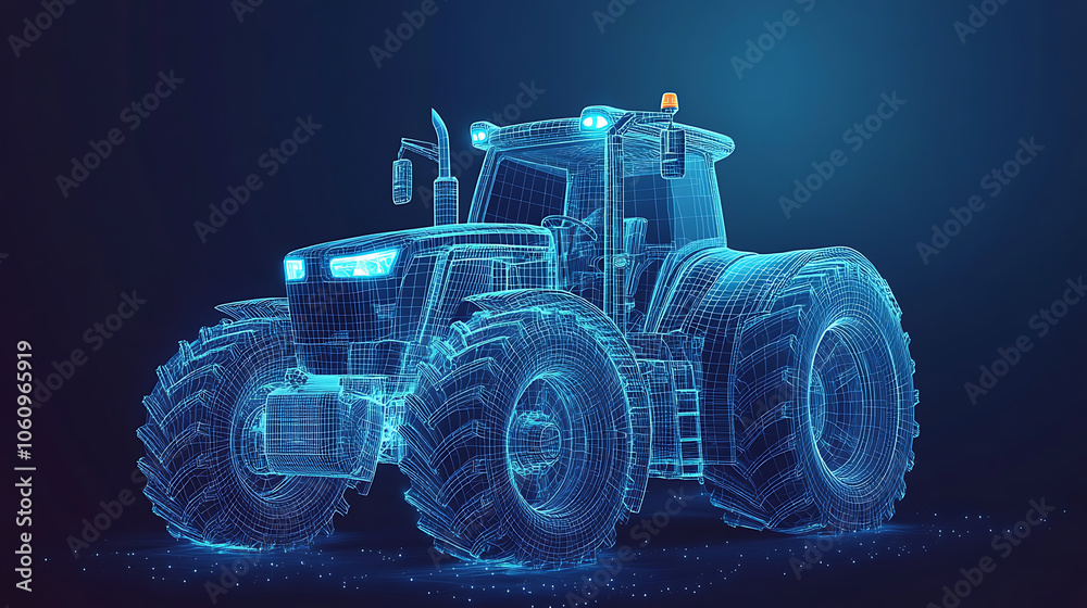 Leinwandbilder a farm tractor concept in 3d vector illustration is presented in a wireframe style, separating visib