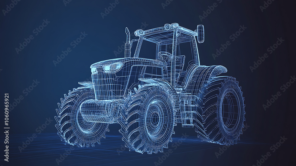 Aufkleber A farm tractor concept in 3D vector illustration is presented in a wireframe style, separating visible and invisible lines to highlight technology in agriculture