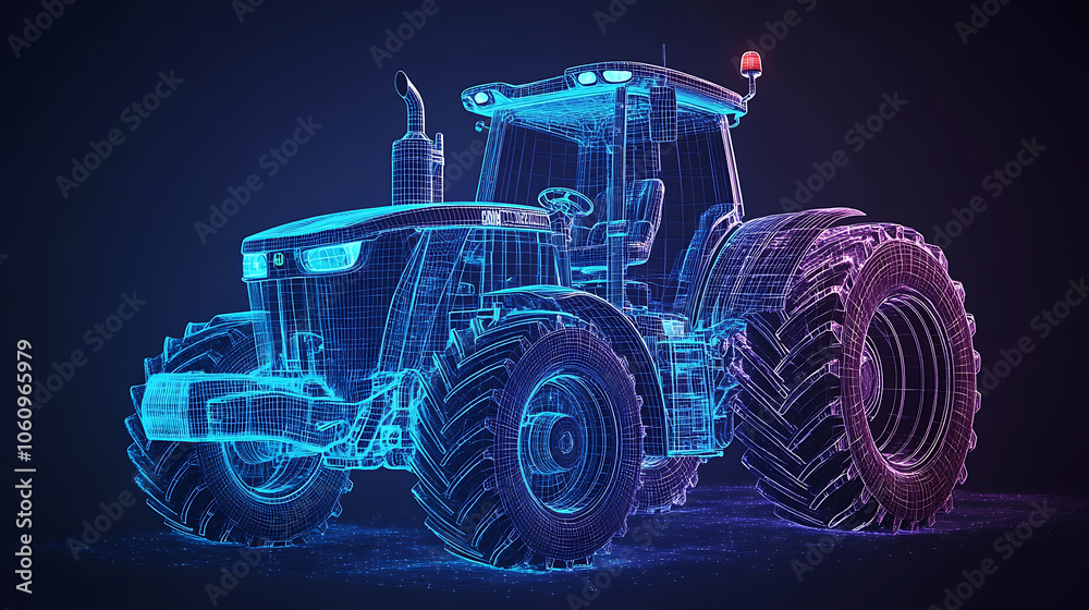 Aufkleber A farm tractor concept in 3D vector illustration is presented in a wireframe style, separating visible and invisible lines to highlight technology in agriculture