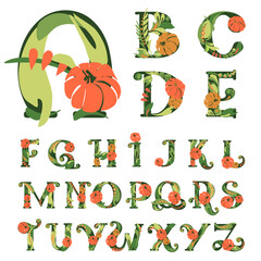 Decorative pumpkin font. Alphabet set from A to Z. Initial letter. Floral ornament. Typographic composition. Happy Halloween!	

