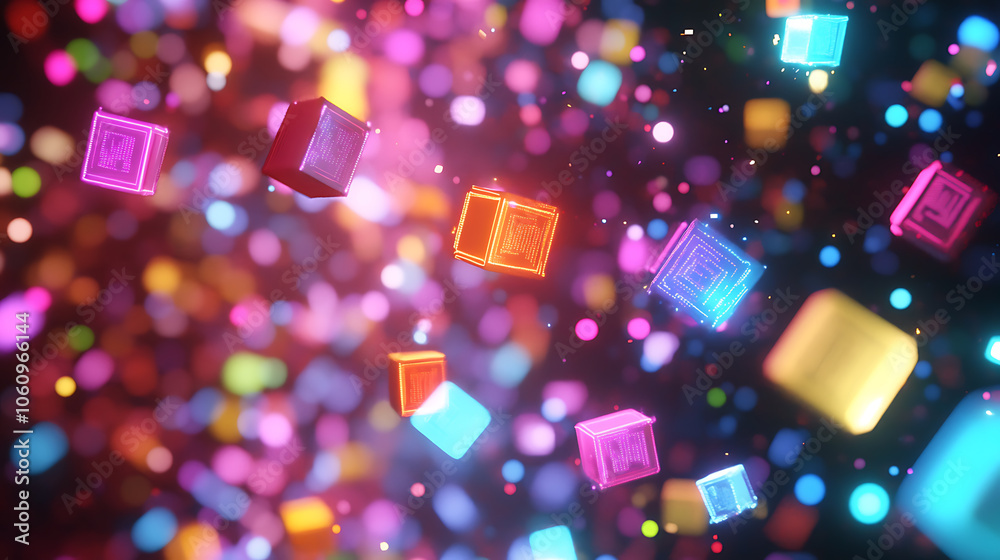 Poster Digital art of glowing neon data points and pixelated code blocks floating in the air, representing digital innovation for virtual events and future technology use cases visualizations