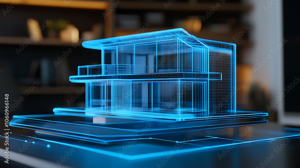 Poster digital hologram of a modern house on a digital table technology concept for real estate or architec
