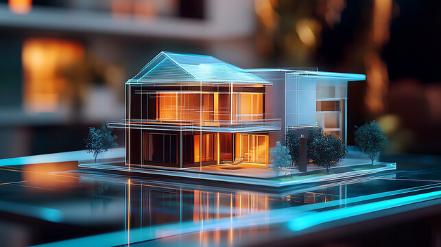 Digital hologram of a modern house on a digital table technology concept for real estate or architecture business