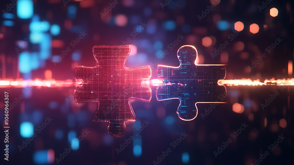 Fototapete Digital representation of API integration concept with interlocking puzzle pieces against a futuristic tech, inspired abstract background, symbolizing connectivity and interoperability