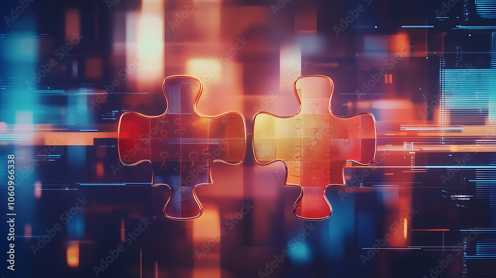 Aufkleber Digital representation of API integration concept with interlocking puzzle pieces against a futuristic tech, inspired abstract background, symbolizing connectivity and interoperability