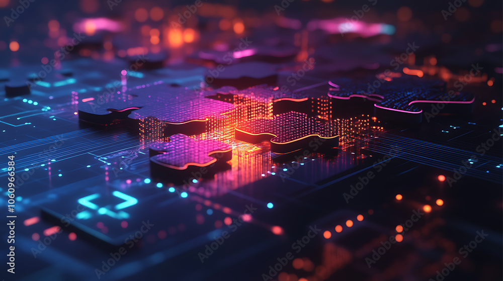 Fototapete Digital representation of API integration concept with interlocking puzzle pieces against a futuristic tech, inspired abstract background, symbolizing connectivity and interoperability
