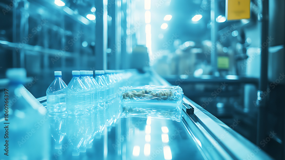 Poster an automated industrial machine for plastic packaging is shown under a light effect, focusing on the