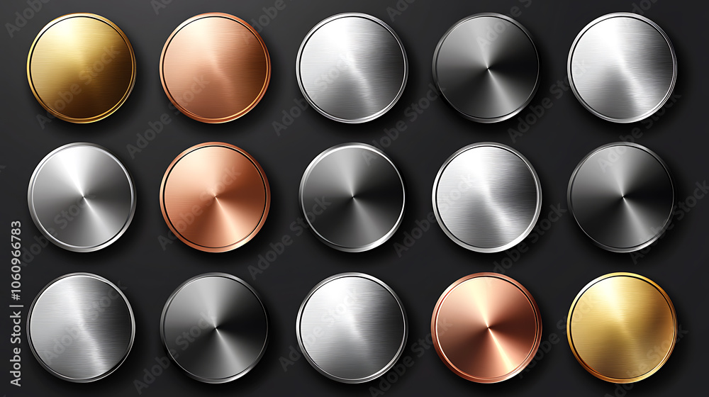 Poster a set of metal chrome circle buttons is presented in vector format, featuring metallic rose gold, br