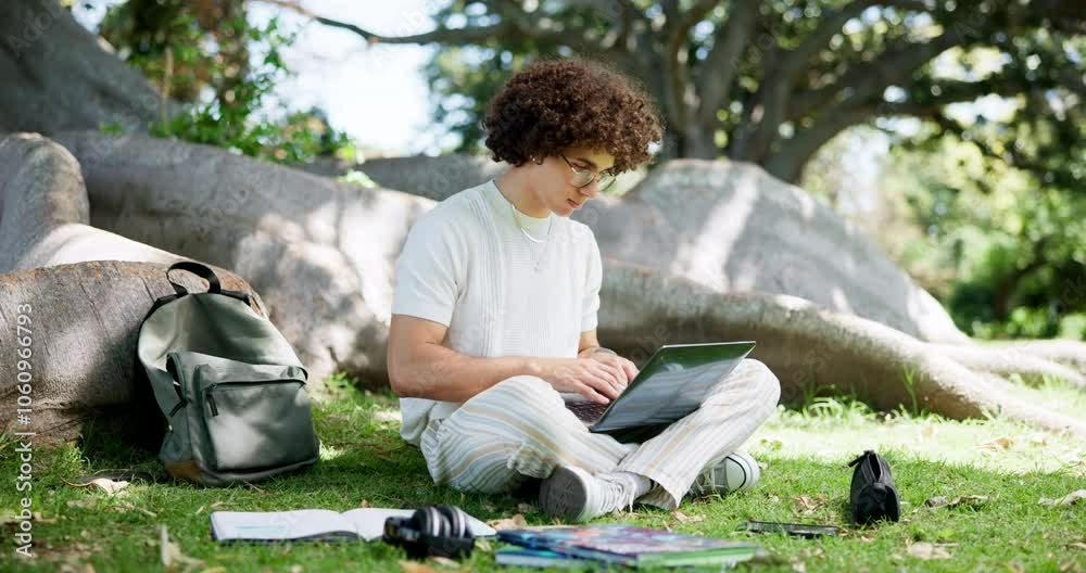 Poster laptop, thinking and studying with man on grass of campus for university results, student and educat
