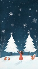 A childs admiration for unique snowflakes in a charming, magical winter wonderland