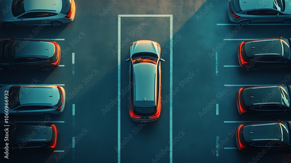 Poster A smart car parking assist system is visualized from a top view, featuring autonomous technology for secure road scanning and self, parking