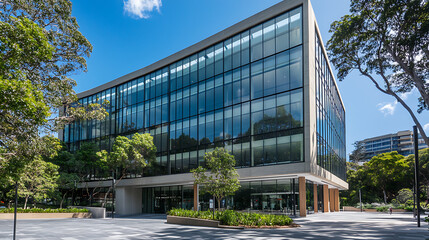 Obraz premium A photo of the facade of an office building in Sydney, Australia with full glass windows on one side and concrete walls on another side