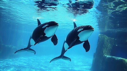Obraz premium Two killer whales swimming gracefully side by side in clear blue water, their dorsal fins cutting through the surface as they interact playfully