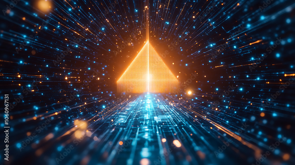 Poster dynamic arrow chart soaring upwards, representing business growth and digital transformation, abstra