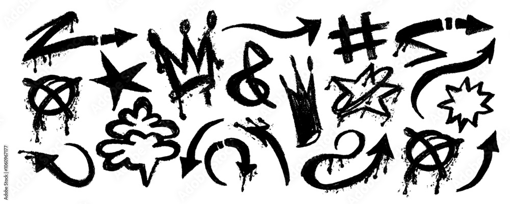 Wall mural set graffiti with arrows, splatter and dripping ink. rough urban emphasis tag lines with splash spra