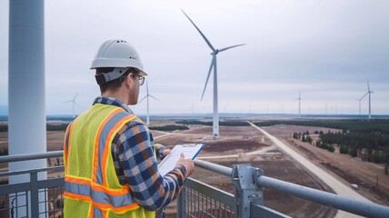 A construction worker in a hard hat and safety vest stands overlooking a field of wind turbines.