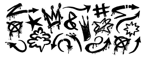 Set graffiti with arrows, splatter and dripping ink. Rough urban emphasis tag lines with splash spray and crown, tar, cloud. Vector illustration symbols punk, arrows. 