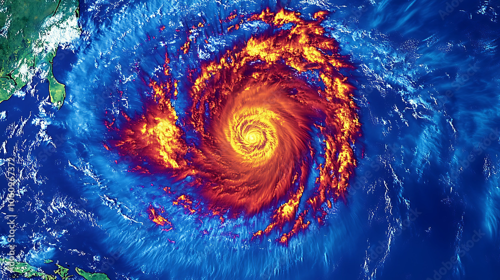 Poster a super typhoon over the ocean is depicted as a severe tropical storm, emphasizing the intense dynam