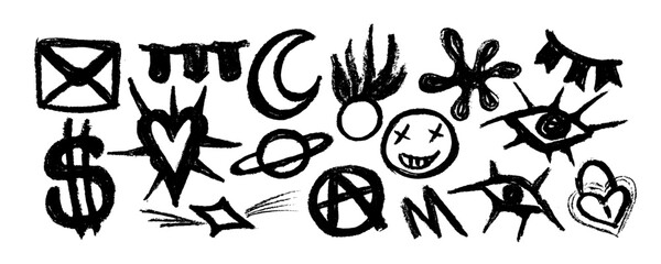 Charcoal graffiti doodle punk and girly shapes collection. Hand drawn abstract scribbles and squiggles, creative various shapes, pencil drawn icons. Scribbles, scrawls, heart, moon,  eyes, curly lines