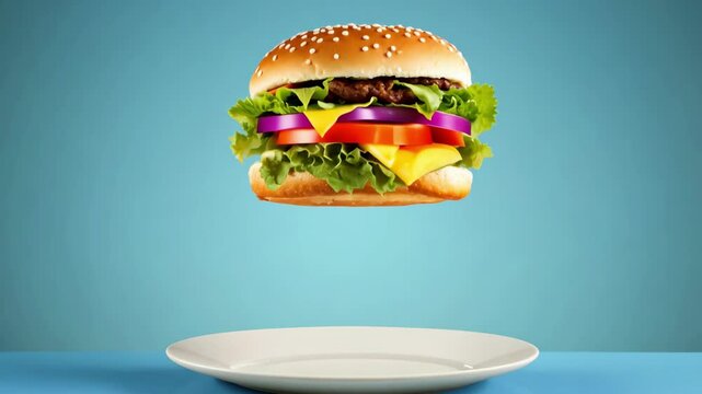 A white plate with a hamburger on top of it. The hamburger is in the air and is about to fall onto the plate