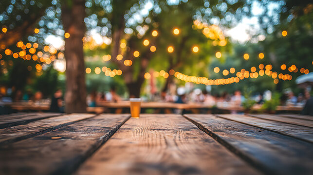 Empty wooden table with party in garden background blurred, and beautiful natural scenery view