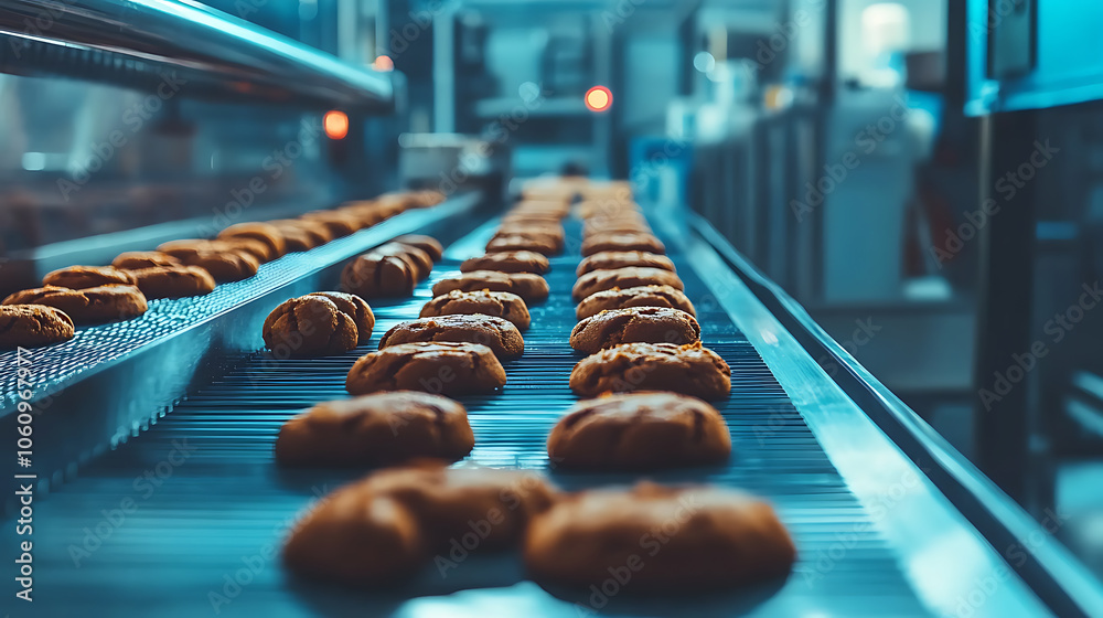Aufkleber automated production line with conveyor belt making cookies in bakery or confectionery factory