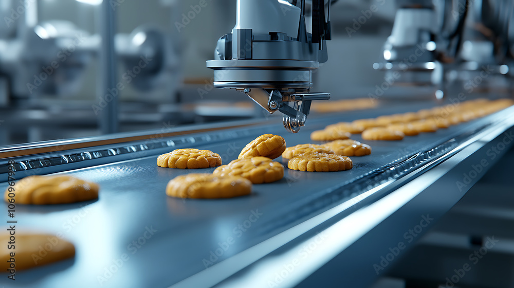 Aufkleber automated production line with conveyor belt making cookies in bakery or confectionery factory