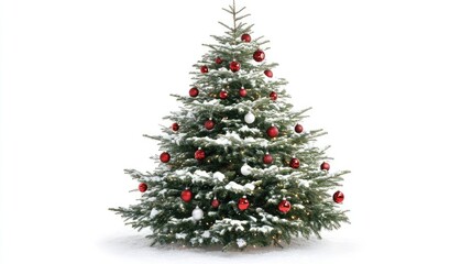 Fototapeta premium Snow-topped Christmas tree against white, with subtle ornaments, evoking a serene holiday atmosphere.