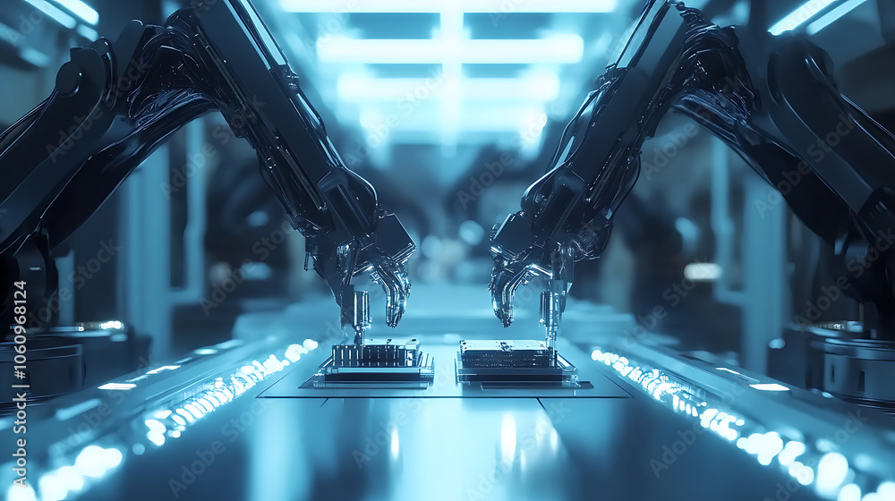 Aufkleber automated robotic arms assembling components in a high, tech electronics manufacturing facility