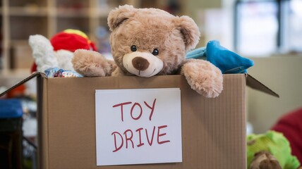 Toy Drive Donation Box with Teddy Bear and Toys