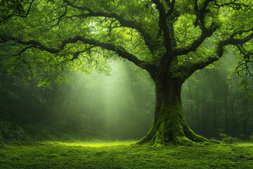 Majestic tree in sunlit forest clearing, dense green foliage, natural beauty, lush forest setting, tranquil atmosphere, scenic woodland scene, vibrant greenery, serene forest escape

