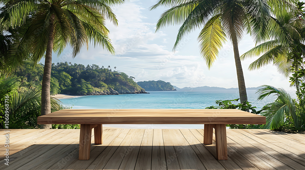 Poster a wooden table with an ocean view and palm trees in the background, depicting a summer vacation conc