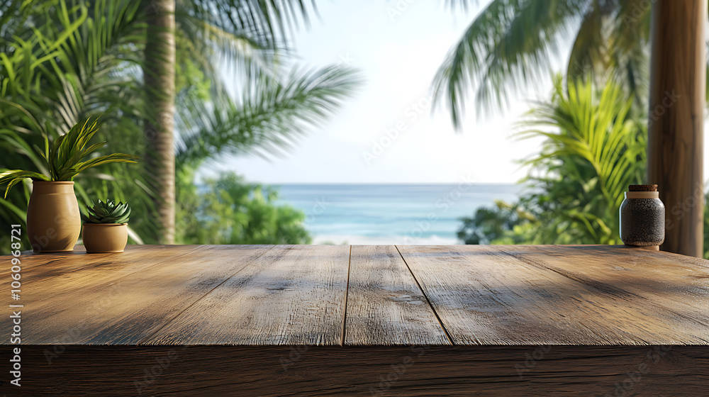 Poster a wooden table with an ocean view and palm trees in the background, depicting a summer vacation conc