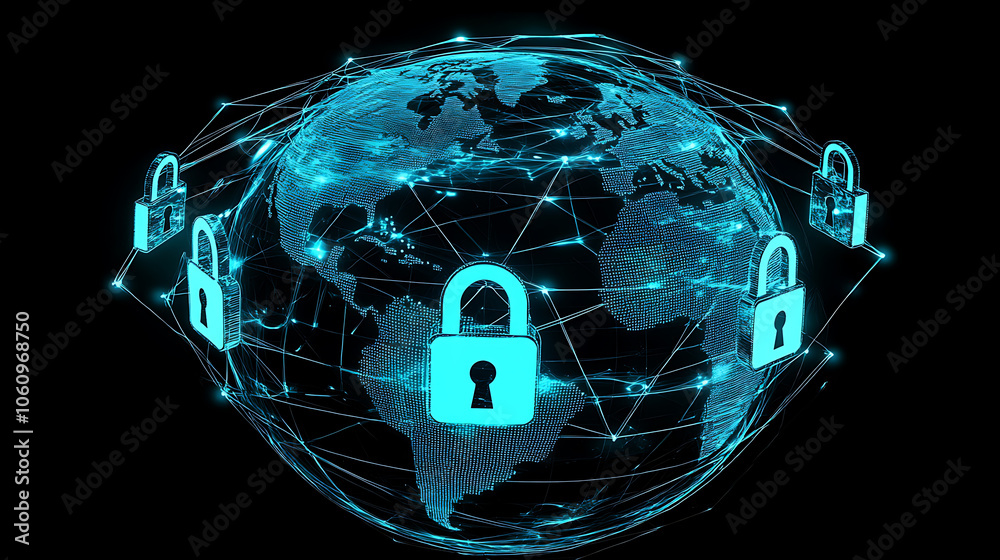 Leinwandbilder global network security concept, featuring an earth with glowing interconnected lines representing i