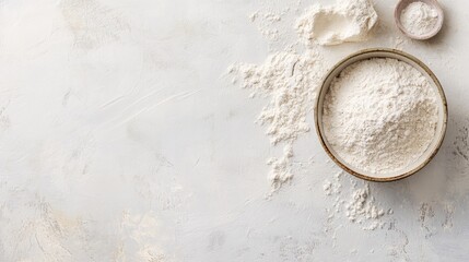 White flour in a bowl with scattered flour on a white background, evoking a baking preparation scene.
