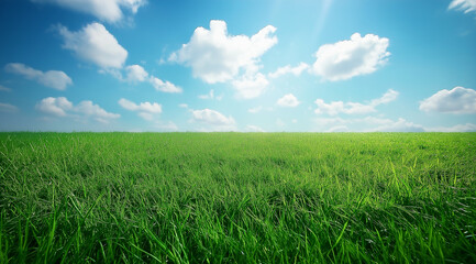 Obraz premium A large grassland with a blue sky and white clouds in the background. A flat green field with sparse plants at ground level with distant view. A horizontal composition, bright colors, natural light. 