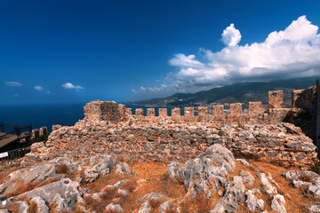 Part of the defensive walls of the old fortress above the city of Alanya, Turkey.