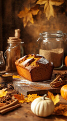 Freshly baked pumpkin bread cooling in a Thanksgiving kitchen scene