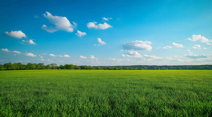 Fototapeta premium A large grassland with a blue sky and white clouds in the background. A flat green field with sparse plants at ground level with distant view. A horizontal composition, bright colors, natural light. 