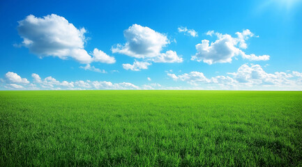 Fototapeta premium A large grassland with a blue sky and white clouds in the background. A flat green field with sparse plants at ground level with distant view. A horizontal composition, bright colors, natural light. 