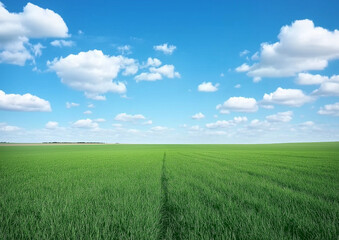 Obraz premium A large grassland with a blue sky and white clouds in the background. A flat green field with sparse plants at ground level with distant view. A horizontal composition, bright colors, natural light. 