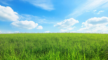Obraz premium A large grassland with a blue sky and white clouds in the background. A flat green field with sparse plants at ground level with distant view. A horizontal composition, bright colors, natural light. 